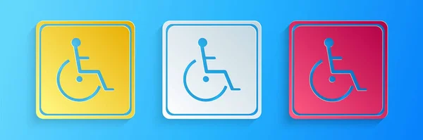 Papier Gesneden Gehandicapten Pictogram Geïsoleerd Blauwe Achtergrond Rolstoel Handicap Bord — Stockvector