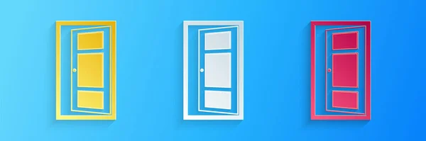 Papier Découpé Icône Porte Ouverte Isolée Sur Fond Bleu Style — Image vectorielle