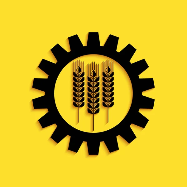 黑色小麦和齿轮图标孤立在黄色背景 农业符号与谷物和工业齿轮 工业和农业 长影子风格 — 图库矢量图片