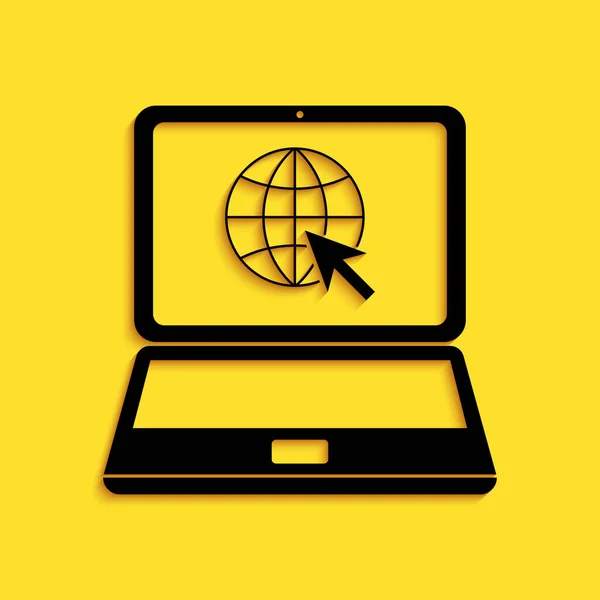 Schwarze Webseite Auf Laptop Bildschirm Symbol Isoliert Auf Gelbem Hintergrund — Stockvektor