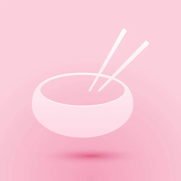 纸切碗与亚洲菜和一双筷子轮廓图标孤立在粉红的背景 准备的概念 东方饮食 造纸艺术风格 — 图库矢量图片
