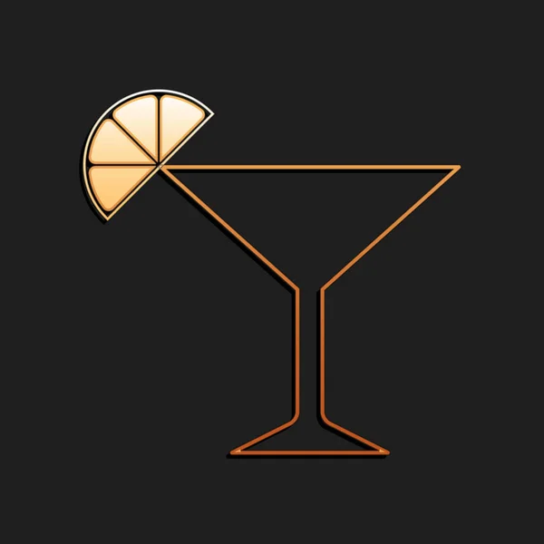 Gold Martini Glas Pictogram Geïsoleerd Zwarte Achtergrond Cocktail Met Limoen — Stockvector