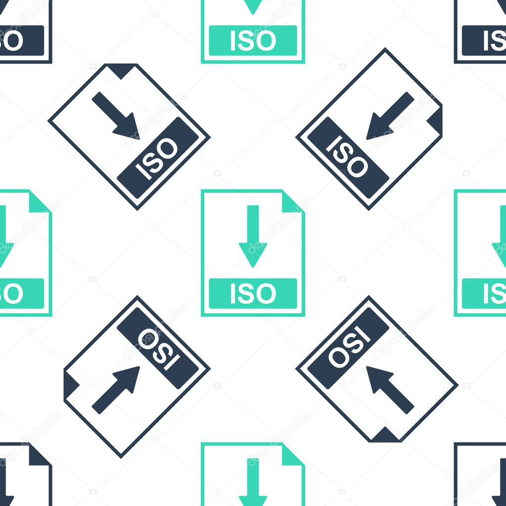 Green ISO file document icon. Download ISO button icon isolated seamless pattern on white background.  Vector.