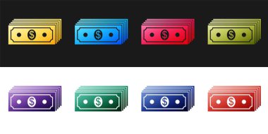 Kağıt para ayarlayın Amerikan doları nakit ikonu siyah beyaz arka planda izole. Para banknotları dolar simgesiyle istiflenir. Para birimi. Vektör.