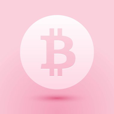 Kağıt kesiği Kripto para birimi simgesi Bitcoin pembe arka planda izole edilmiş. Madeni para. Dijital para birimi. Engelleme zinciri tabanlı şifreli para birimi. Kağıt sanatı tarzı. Vektör.