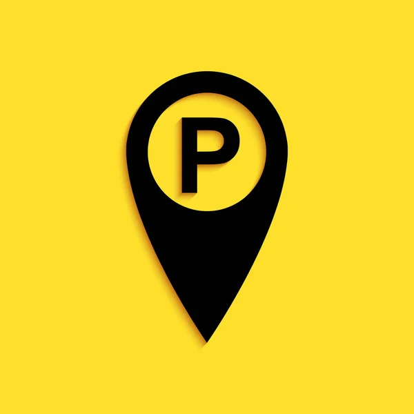 Ukazatel Černé Mapy Ikonou Parkoviště Izolovanou Žlutém Pozadí Dlouhý Stínový — Stockový vektor