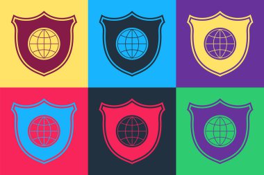 Dünya küresi simgesine sahip Pop Art Shield renkli arka planda izole edilmiş. Güvenlik, güvenlik, koruma, gizlilik kavramı. Vektör.