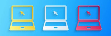 Mavi arkaplanda imleç simgesi olan kağıt kesimi Laptop. Kağıt sanatı tarzı. Vektör.