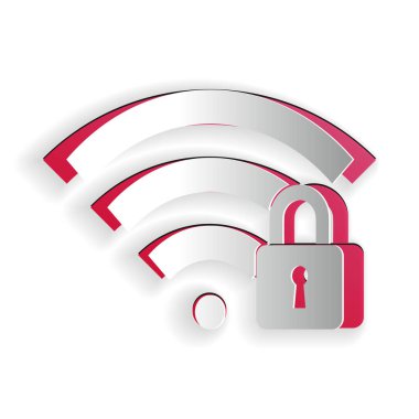 Kağıt kesiği Wifi kilit simgesi beyaz arkaplanda izole edildi. Şifre kablosuz ağ sembolü. Kablosuz ağ simgesi. Karı bölgesi. Kağıt sanatı tarzı. Vektör.