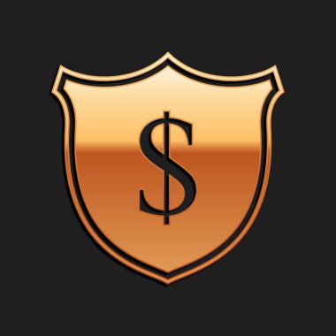 Altın Kalkan ve dolar simgesi siyah arka planda izole edildi. Güvenlik kalkanı koruması. Para güvenliği konsepti. Uzun gölge tarzı. Vektör.