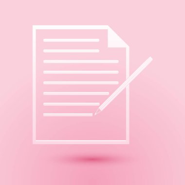 Kağıt kesiği, silgi simgesi pembe arkaplanda izole edilmiş boş defter ve kalem. Kağıt kalem. Kağıt sanatı tarzı. Vektör.