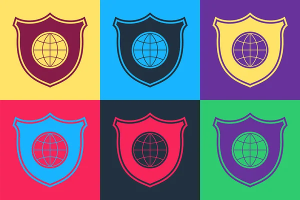 Dünya küresi simgesine sahip Pop Art Shield renkli arka planda izole edilmiş. Güvenlik, güvenlik, koruma, gizlilik kavramı. Vektör.