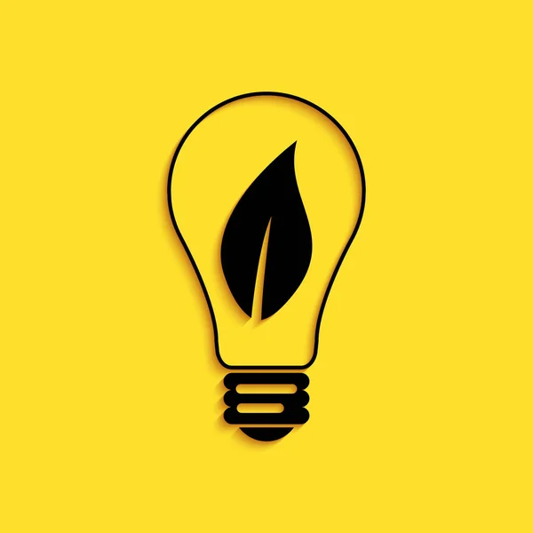 Schwarze Glühbirne Mit Blattsymbol Auf Gelbem Hintergrund Ökoenergiekonzept Langer Schatten — Stockvektor