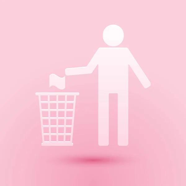 切纸人把垃圾扔进垃圾箱的图标中 用粉红的背景隔开 循环符号 造纸艺术风格 — 图库矢量图片