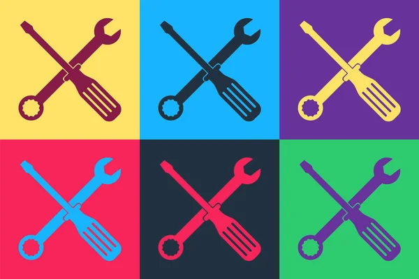 Pop Art Spanner Schroevendraaier Gereedschap Pictogram Geïsoleerd Kleur Achtergrond Symbool — Stockvector