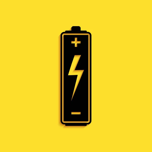 Zwarte Batterij Pictogram Geïsoleerd Gele Achtergrond Bliksemschicht Symbool Lange Schaduw — Stockvector