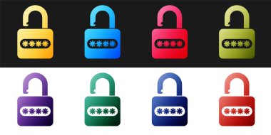 Siyah beyaz arkaplanda parola koruması ve güvenlik erişim simgesini ayır. Kilit simgesi. Güvenlik, güvenlik, koruma, gizlilik kavramı. Vektör.