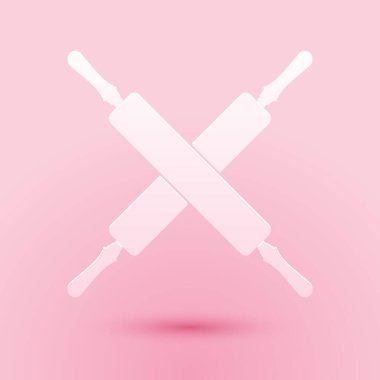 Kağıt kesikli yuvarlak raptiye simgesi pembe arka planda izole edilmiş. Mutfak gereçleri ve ekipmanları. Kağıt sanatı tarzı. Vektör.