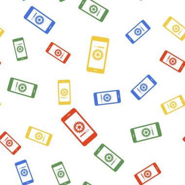 Renkli Akıllı Telefon güncelleme süreci şanzıman ilerlemesi ve çubuk simgesi yükleme beyaz arkaplanda izole edilmiş pürüzsüz desen. Sistem yazılım güncellemesi ve geliştirme konsepti. Vektör.