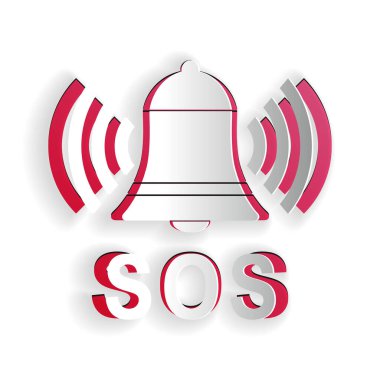 Kağıt kesiği Alarm Çanı ve SOS harf simgesi beyaz arkaplanda izole edildi. Uyarı zili, imdat çağrısı. Acil yardım düğmesi. Kağıt sanatı tarzı. Vektör.