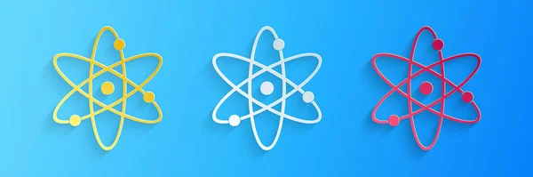 Паперовий Виріз Значок Atom Ізольовано Синьому Фоні Символ Науки Освіти — стоковий вектор