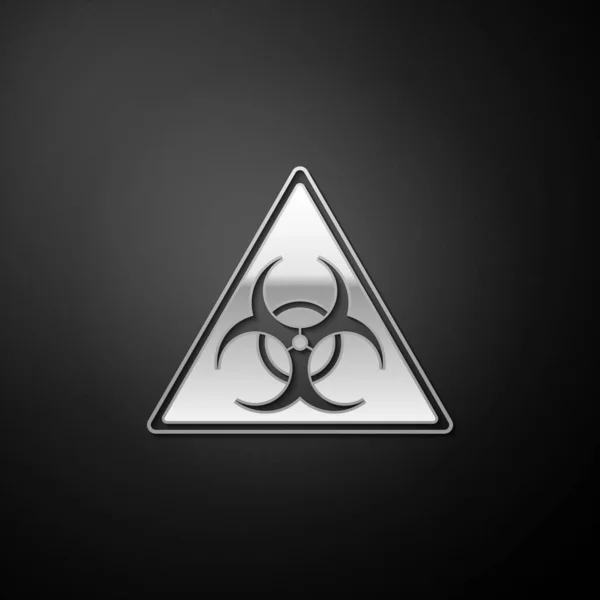 Srebrny Znak Trójkąta Ikoną Symbolu Biohazard Odizolowany Czarnym Tle Długi — Wektor stockowy