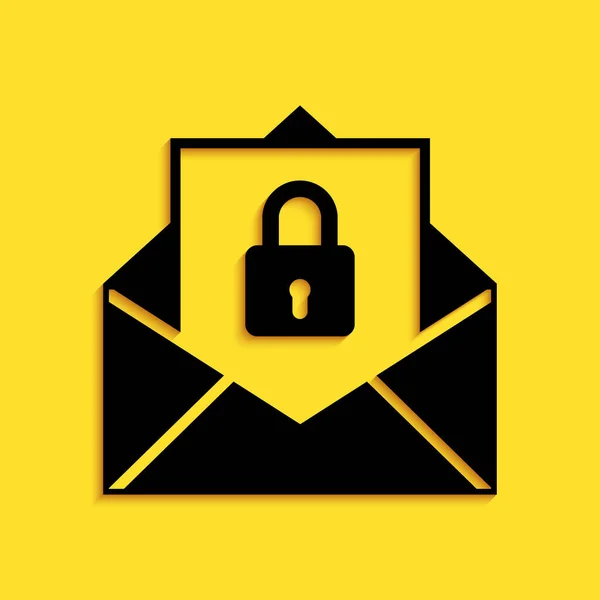 Czarna Ikona Bezpieczna Poczta Izolowana Żółtym Tle Koperta Pocztowa Zamknięta — Wektor stockowy
