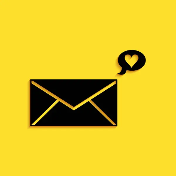 黑色信封 带有黄色背景的情人节心脏图标 爱的信息信上的爱情和浪漫长影子风格 — 图库矢量图片