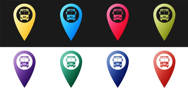 Definir Ponteiro Mapa Com Ícone Ônibus Isolado Fundo Preto Branco —  Vetores de Stock