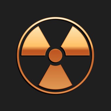 Siyah arkaplanda izole edilmiş Altın Radyoaktif simgesi. Radyoaktif zehirli sembol. Radyasyon tehlikesi işareti. Uzun gölge tarzı. Vektör.