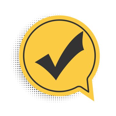 Beyaz arkaplanda siyah kontrol işareti simgesi izole edildi. Kene sembolü. Sarı konuşma balonu sembolü. Vektör.