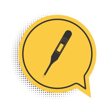 Tıbbi inceleme ikonu için siyah medikal termometre beyaz arka planda izole edildi. Sarı konuşma balonu sembolü. Vektör.