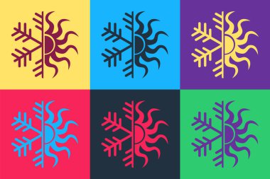 Popüler sanat sıcak ve soğuk sembol. Arkaplanda güneş ve kar tanesi simgesi izole edildi. Kış ve yaz sembolü. Vektör.