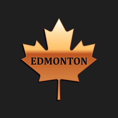 Kentin adı Edmonton olan altın renkli Kanada akçaağaç yaprağı siyah arka planda izole edilmiş. Uzun gölge tarzı. Vektör.