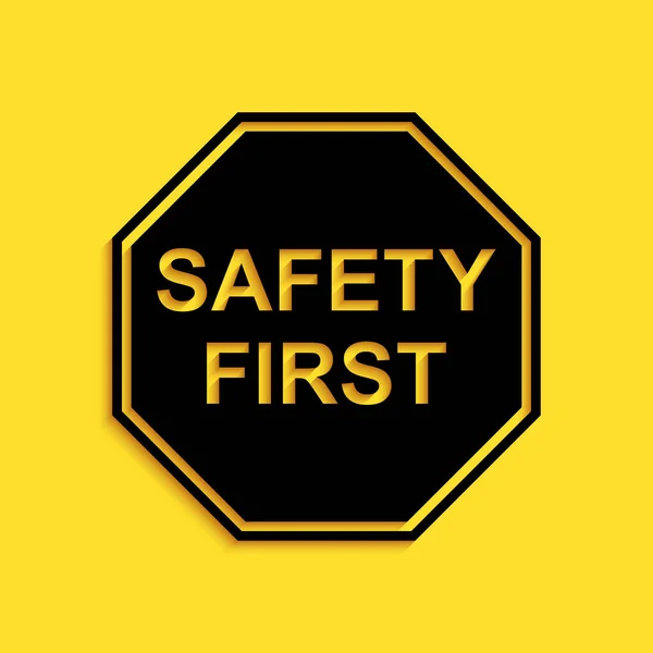 Black Safety First Octagonal Shape Icon Isolated Yellow Background Long — Stock Vector