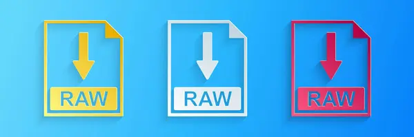 Papiergeschnittene Raw Datei Dokument Symbol Raw Symbol Auf Blauem Hintergrund — Stockvektor