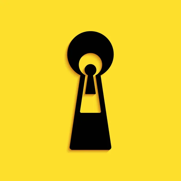 在黄色背景上孤立的黑洞图标 成功解决的关键 钥匙孔表达了谜语 安保的概念 长影子风格 — 图库矢量图片