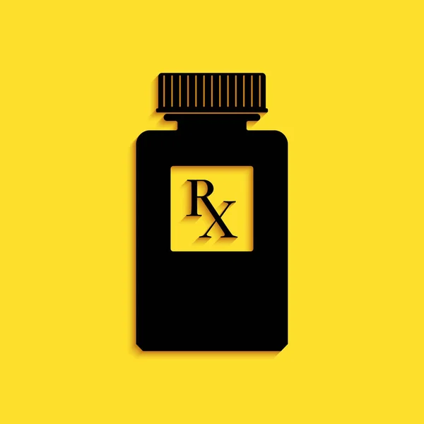黑药瓶与Rx标志和药丸图标隔离在黄色背景 药房设计 Rx作为药瓶的处方药符号 长影子风格 — 图库矢量图片