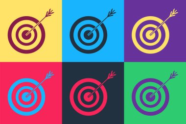 Renk arkaplanında ok simgesi olan Pop Art Target. Dart tahtası işareti. Okçuluk tahtası simgesi. Dartboard işareti. İş hedefi kavramı. Vektör.