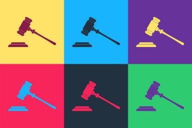 Pop Art Yargıç Tokmak simgesi renk arkaplanında izole edildi. Gavel ceza ve yasa tasarıları için, mahkeme, adalet, duruşuyla. Açık arttırma çekici. Vektör.