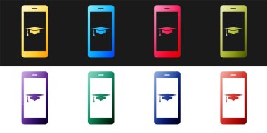 Mezuniyet şapkası ve akıllı telefon simgesini ayarla. Çevrimiçi öğrenme veya e-öğrenme konsepti simgesi siyah ve beyaz arka planda izole edildi. Vektör.