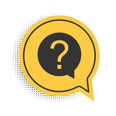 Beyaz arkaplanda izole edilmiş daire simgesindeki siyah soru işareti. Tehlike uyarısı sembolü. Yardım sembolü. SSS işareti. Sarı konuşma balonu sembolü. Vektör.