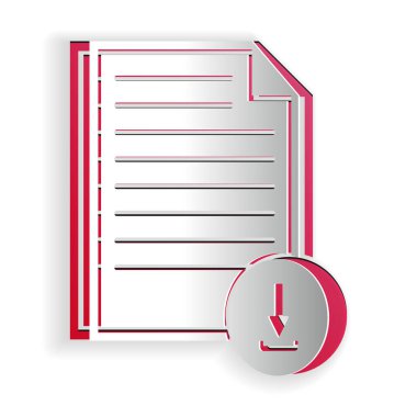 Kağıt kesimi Belgesi beyaz arkaplanda izole edilmiş indirme işareti simgesi ile. Dosya belgesi sembolü. Kağıt sanatı tarzı. Vektör.