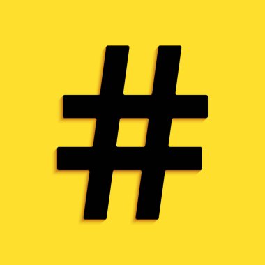 Sarı arkaplanda siyah etiket simgesi izole edildi. Sosyal medya sembolü. Modern UI web sitesi navigasyonu. Uzun gölge tarzı. Vektör.