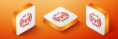 Isometric Wi-Fi kablosuz internet ağ sembolü ikonu turuncu arka planda izole edildi. Turuncu kare düğme. Vektör.
