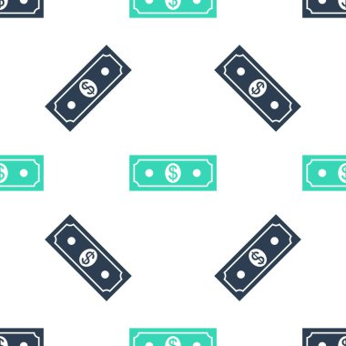 Yeşil kağıt para Amerikan doları nakit para ikonu beyaz arka planda kusursuz desen izole etti. Bir dolarlık banknot tabelası. Vektör.