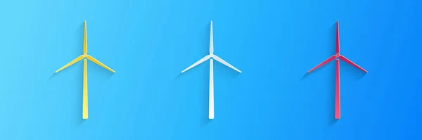Papiergeschnittenes Windrad Symbol Isoliert Auf Blauem Hintergrund Windgenerator Schild Windmühlensilhouette — Stockvektor