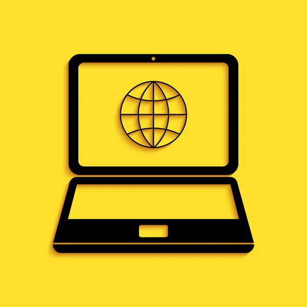 Black Globe Het Scherm Van Laptop Pictogram Geïsoleerd Gele Achtergrond — Stockvector