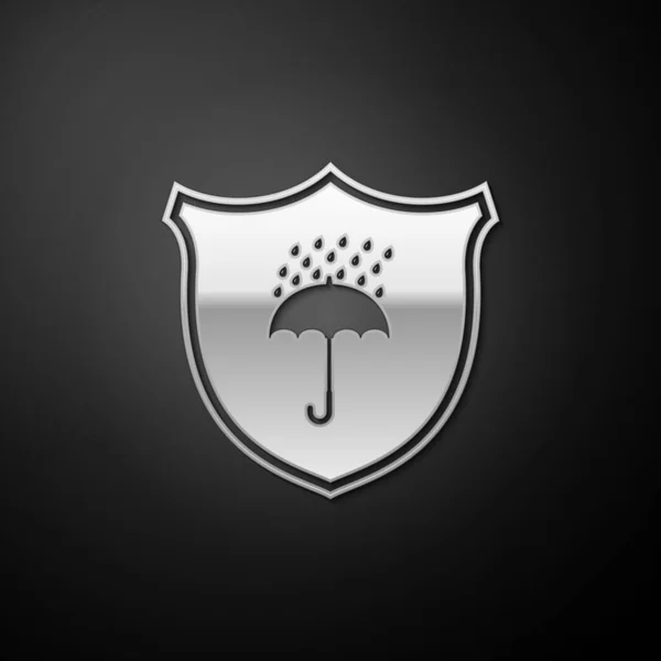 Stříbrná Vodotěsná Ikona Izolovaná Černém Pozadí Štít Deštník Ochrana Bezpečnost — Stockový vektor