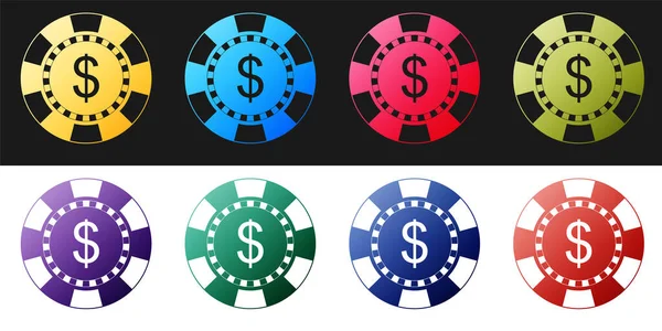 Definir Chip Casino Ícone Símbolo Dólar Isolado Fundo Preto Branco — Vetor de Stock